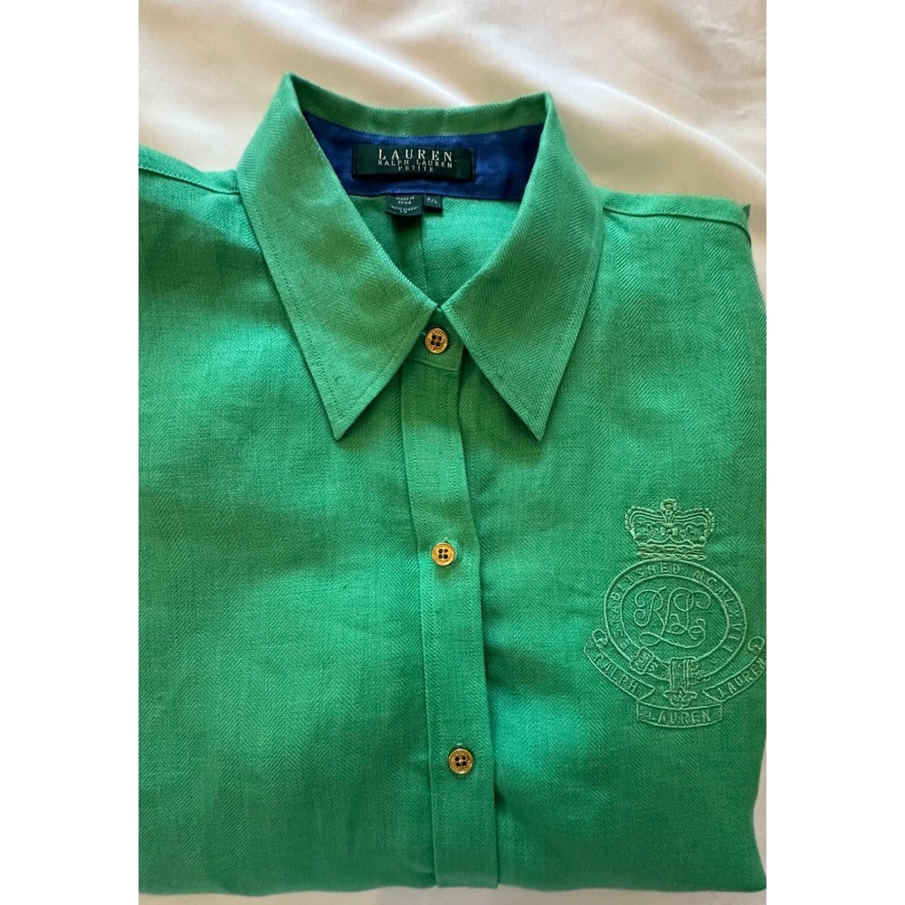Lauren Ralph Lauren Petite Large Green Herringbone Linen Crest Button DownShirt